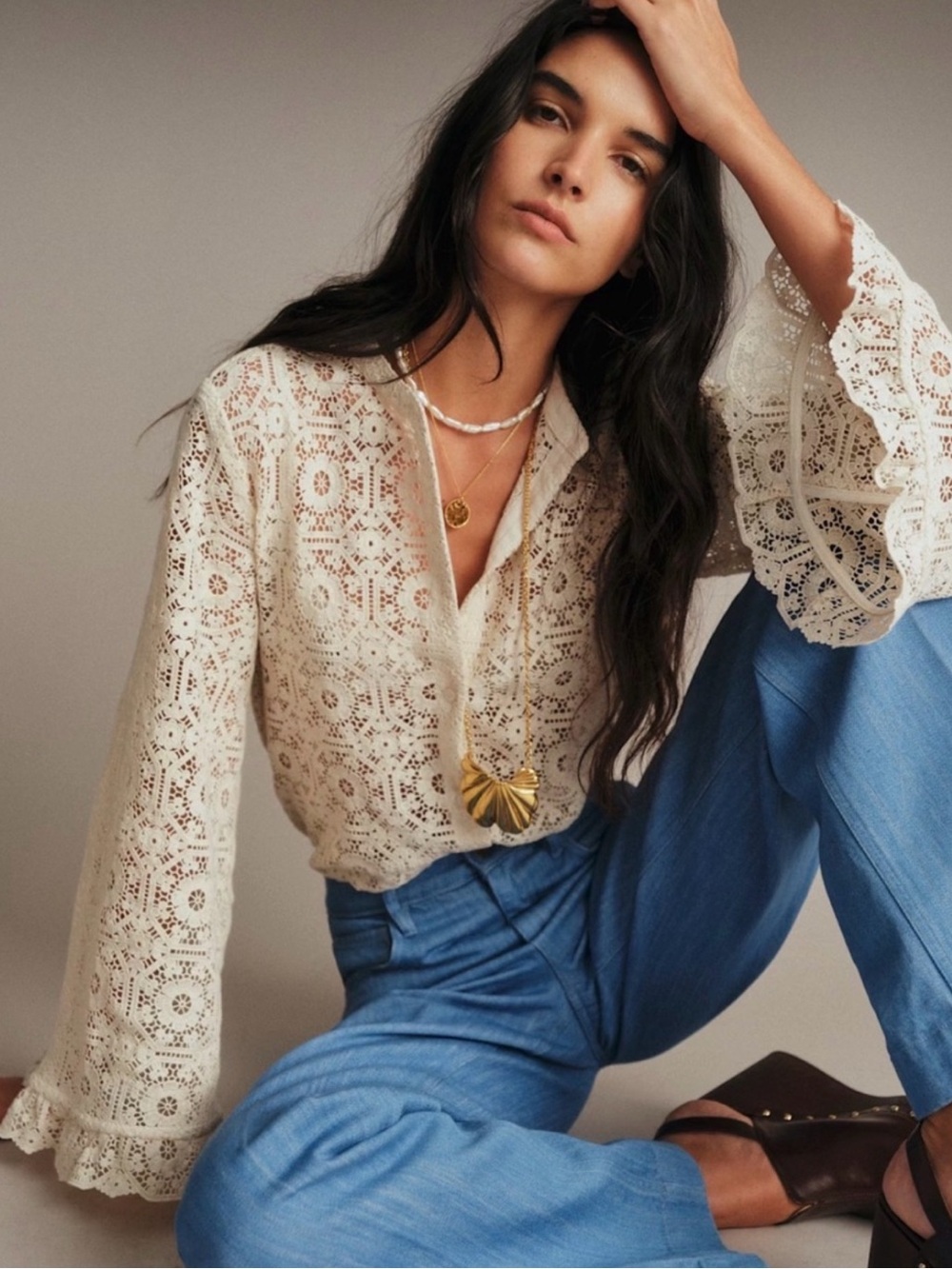 Sezane Darina Crochet Shirt Blouse ECRU GUIPURE LACE